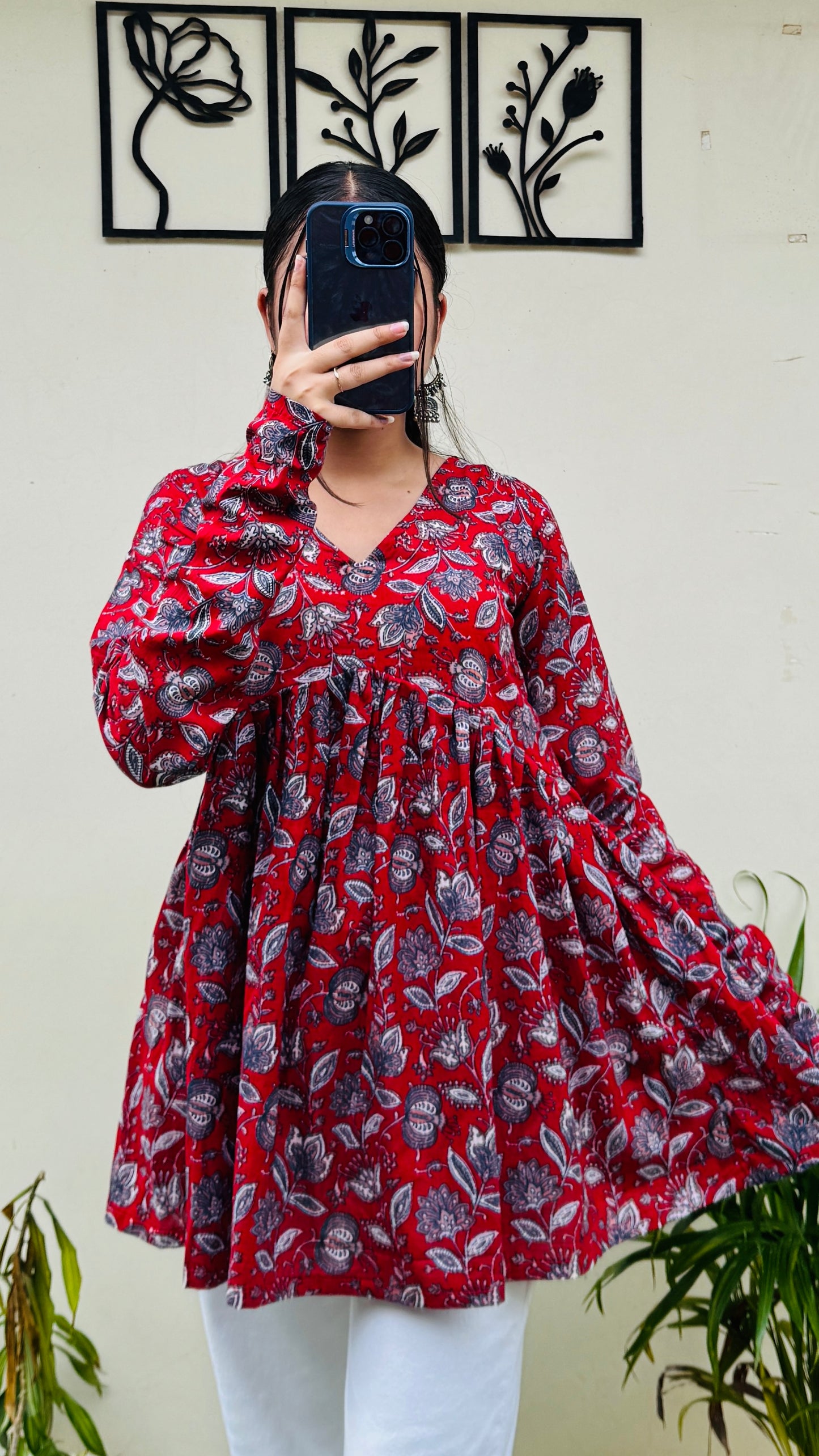 Cotton Flared Red Aliacut Floral Print Peplum Top