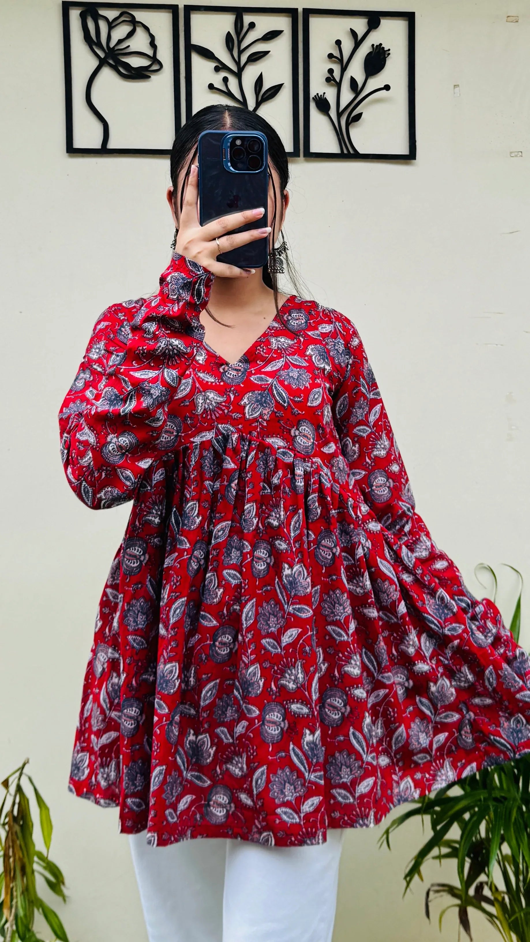 Cotton Flared Red Aliacut Floral Print Peplum Top - Dolled Up