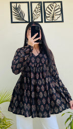 Cotton Black Flared Floral Print Aliacut Peplum Top - Dolled Up