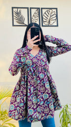 Cotton Wine Flared Floral Print Aliacut Peplum Top - Dolled Up