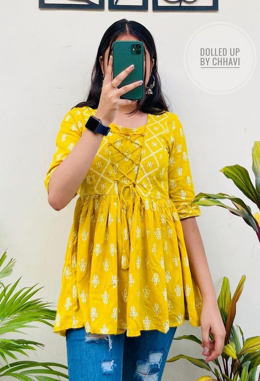 Printed Yellow Rayon Short Top