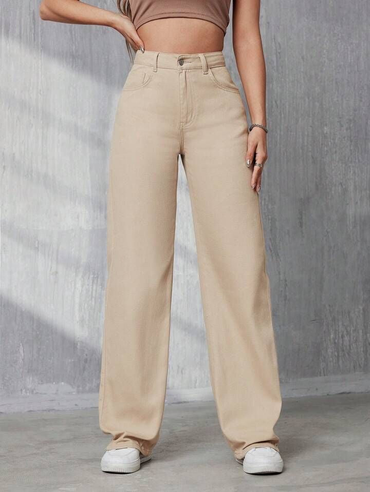 High Waisted Beige Wide Leg Denim Jeans