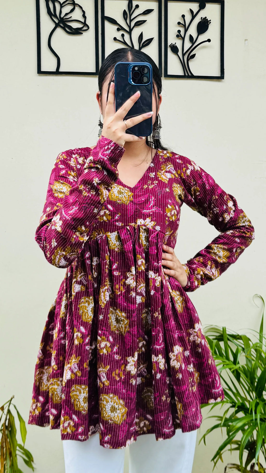Cotton Katha Flared Wine Aliacut Floral Print Peplum Top - Dolled Up
