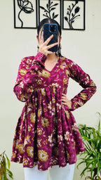 Cotton Katha Flared Wine Aliacut Floral Print Peplum Top - Dolled Up