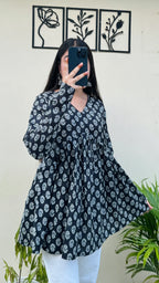 Cotton Black Flared Printed Aliacut Peplum Top - Dolled Up