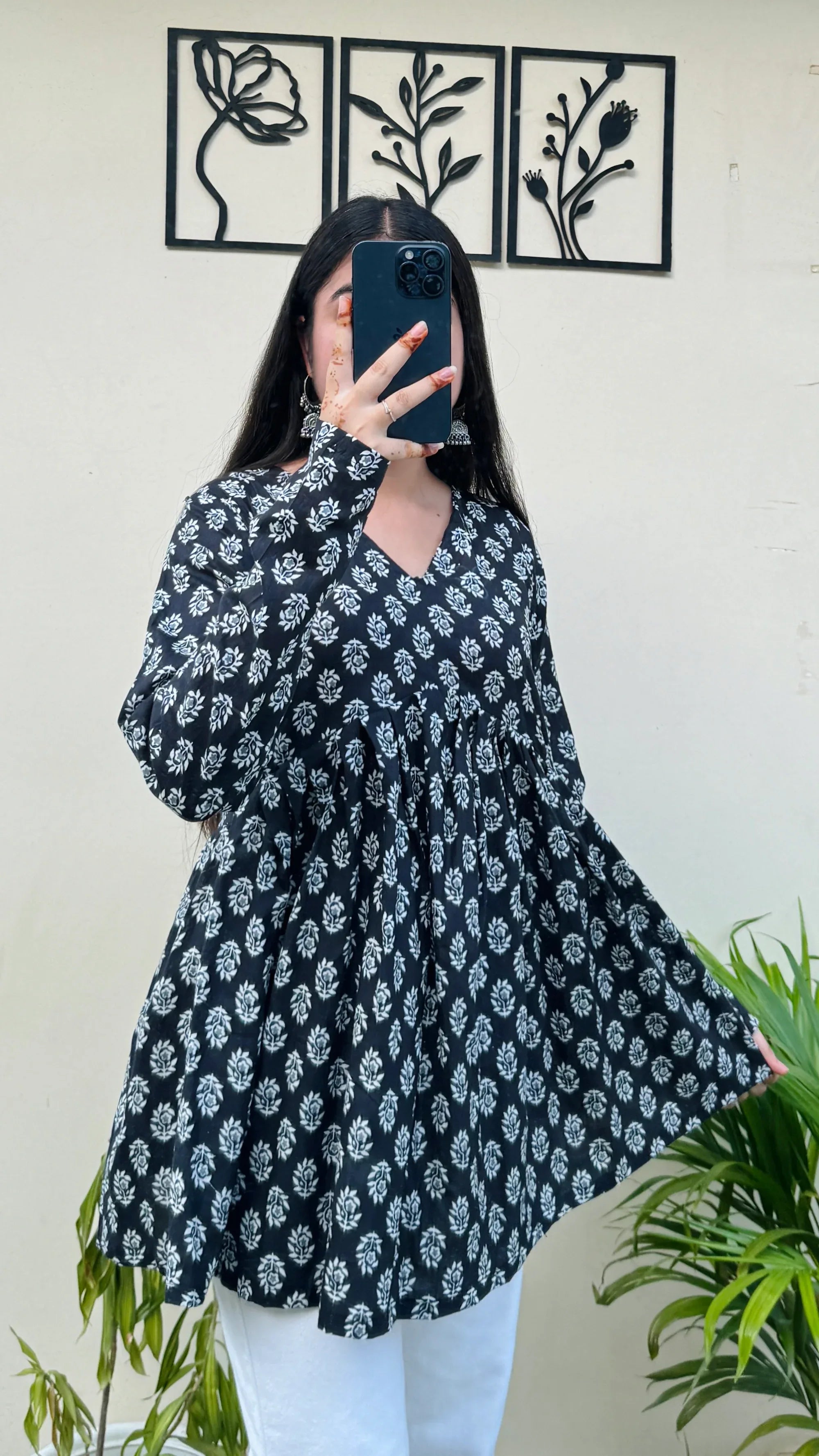 Cotton Black Flared Printed Aliacut Peplum Top - Dolled Up