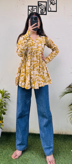 Katha Cotton Yellow Flared Floral Print Aliacut Peplum Top - Dolled Up