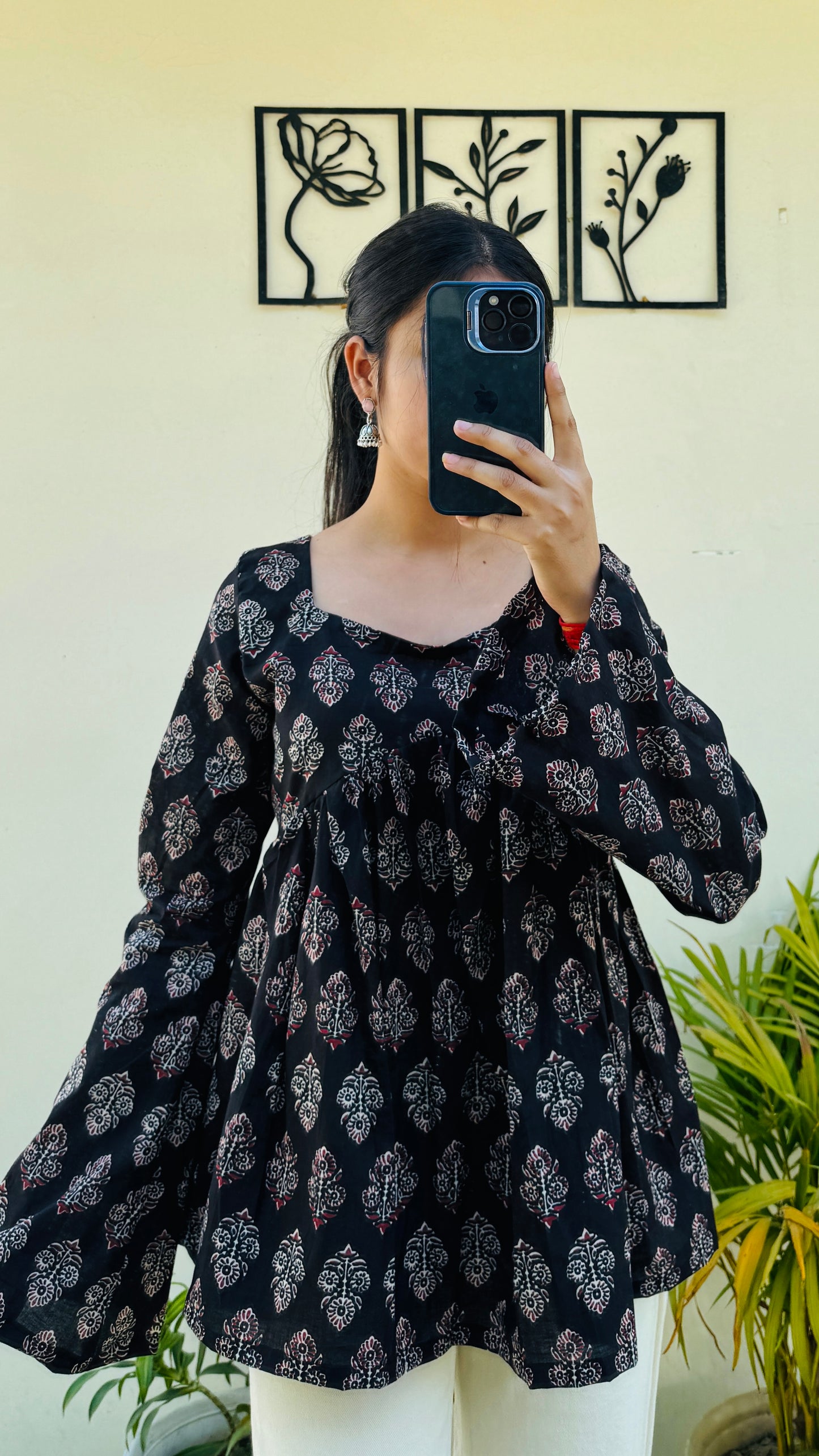 Cotton Black Bellsleeve Backless Ajrakh Print Flared Aliacut Short Kurti
