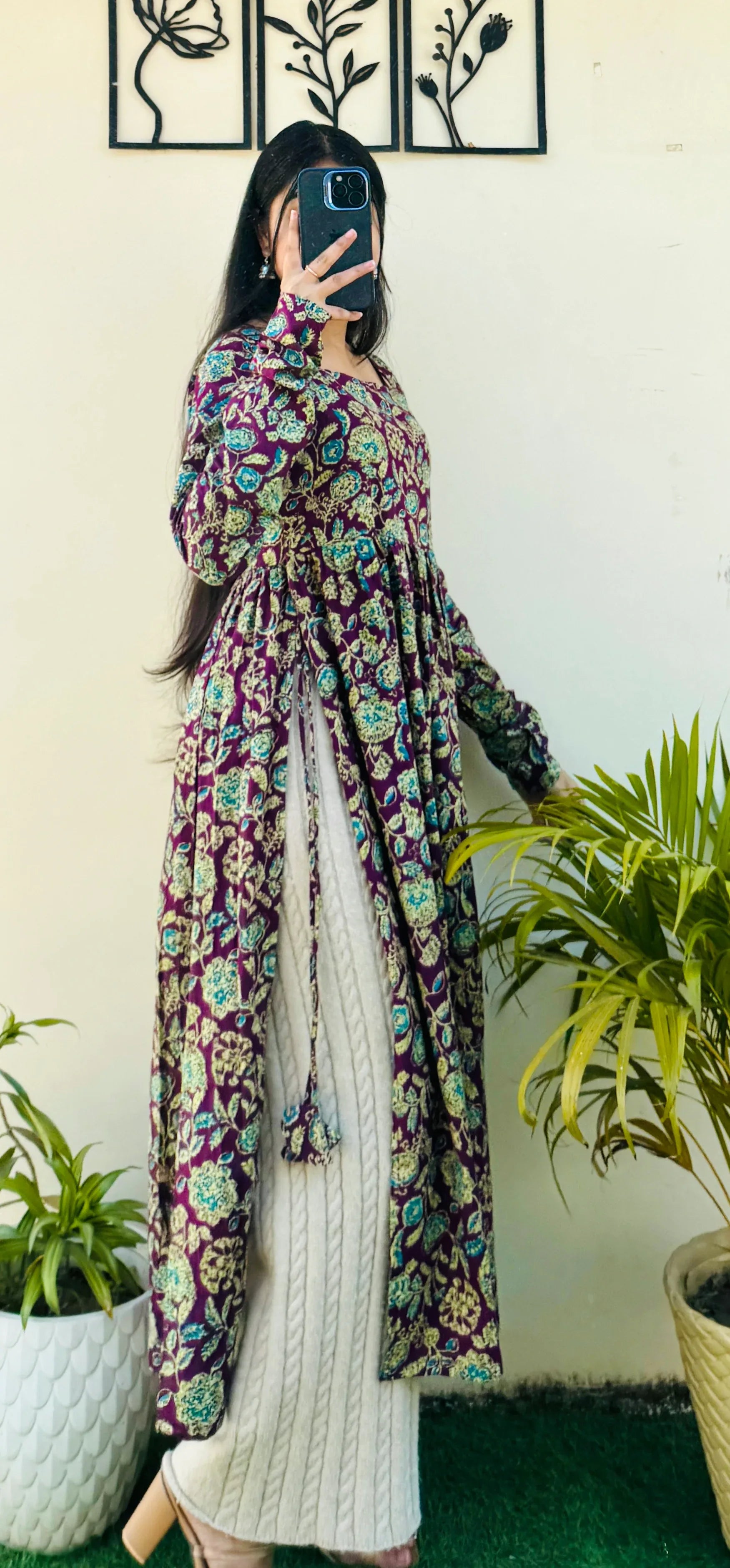 Cotton Full Sleeve Wine Nyra Cut Long Kurti - Dolled Up