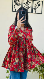Cotton Flared Floral Print Aliacut Peplum Top - Dolled Up