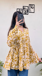 Katha Cotton Yellow Flared Floral Print Aliacut Peplum Top - Dolled Up