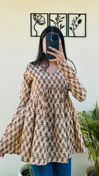 Katha Cotton Beige Flared Printed Aliacut Peplum Top - Dolled Up