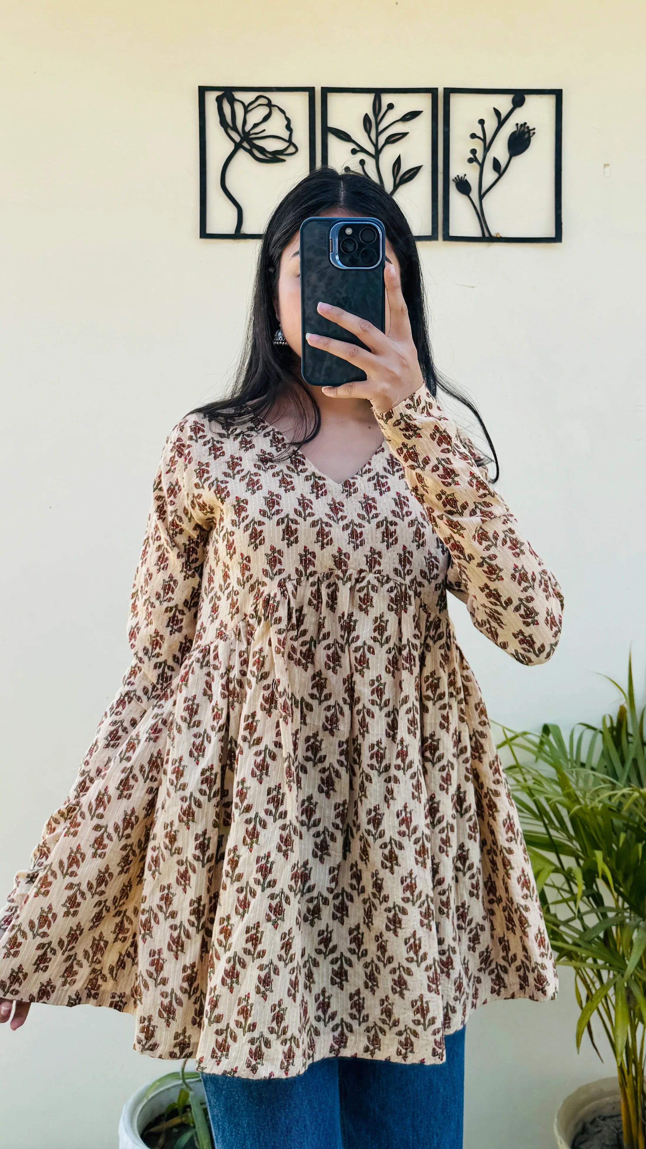 Katha Cotton Beige Flared Printed Aliacut Peplum Top - Dolled Up