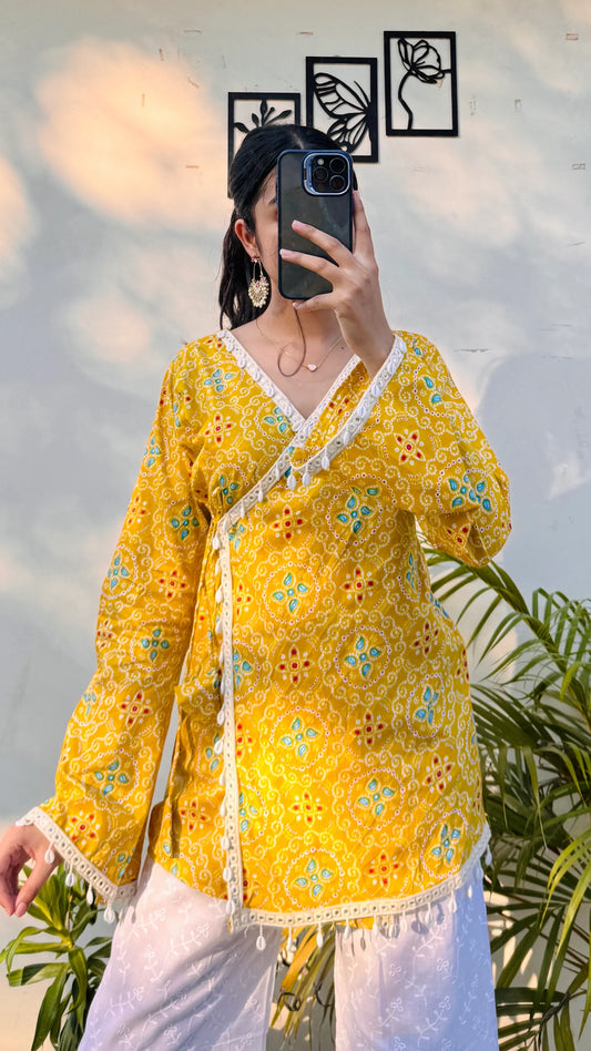 Cotton Bandhani Print Shells Detailing Angrakha Kurti - Dolled Up