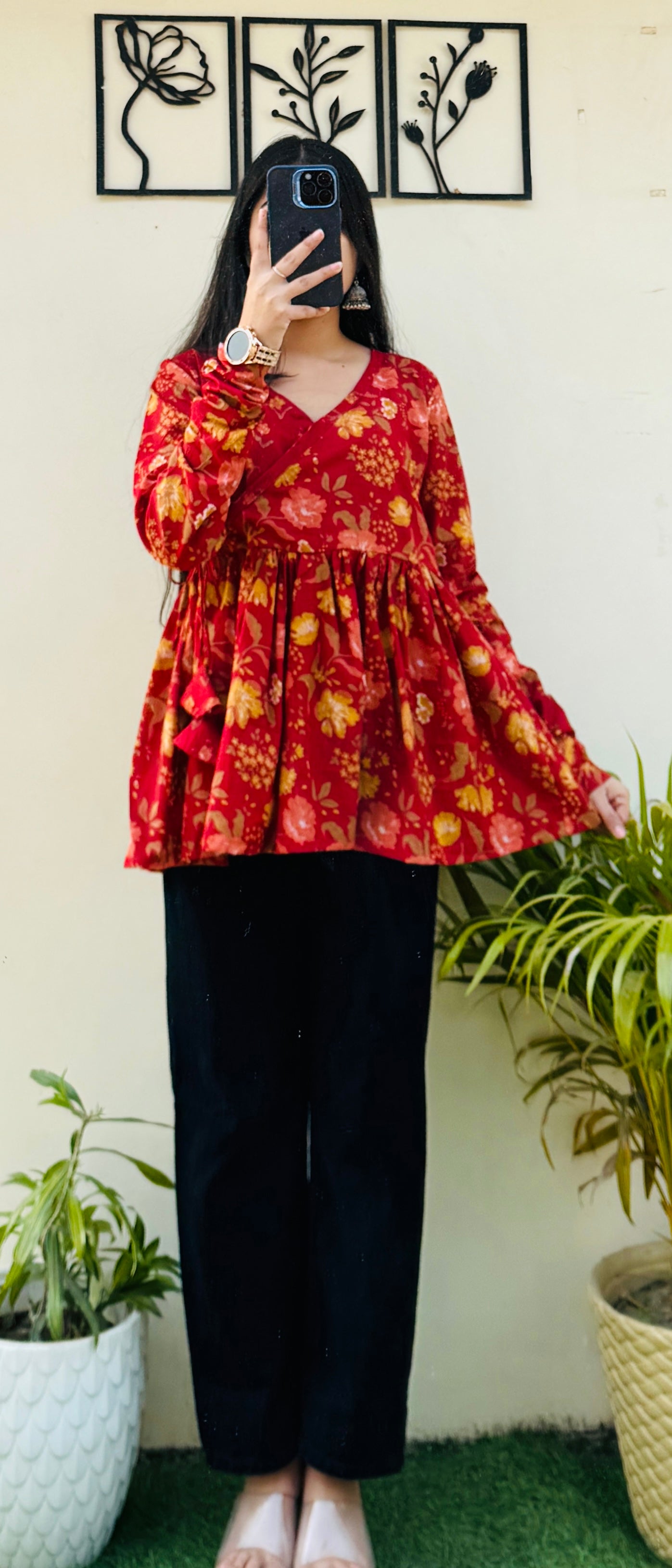Cotton Red Angrakha Pattern Flared Floral Print Aliacut Peplum Top