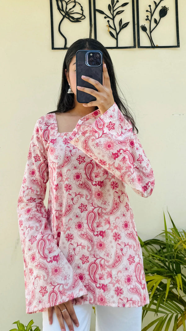 Cotton Bellsleeve Square Neck Straight Short Kurti - Dolled Up