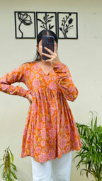 Katha Cotton Orange Flared Floral Print Aliacut Peplum Top - Dolled Up