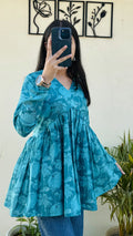 Cotton Flared Blue Aliacut Floral Print Peplum Top - Dolled Up