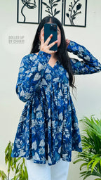 Cotton Flared Royal Blue Aliacut Floral Print Peplum Top - Dolled Up
