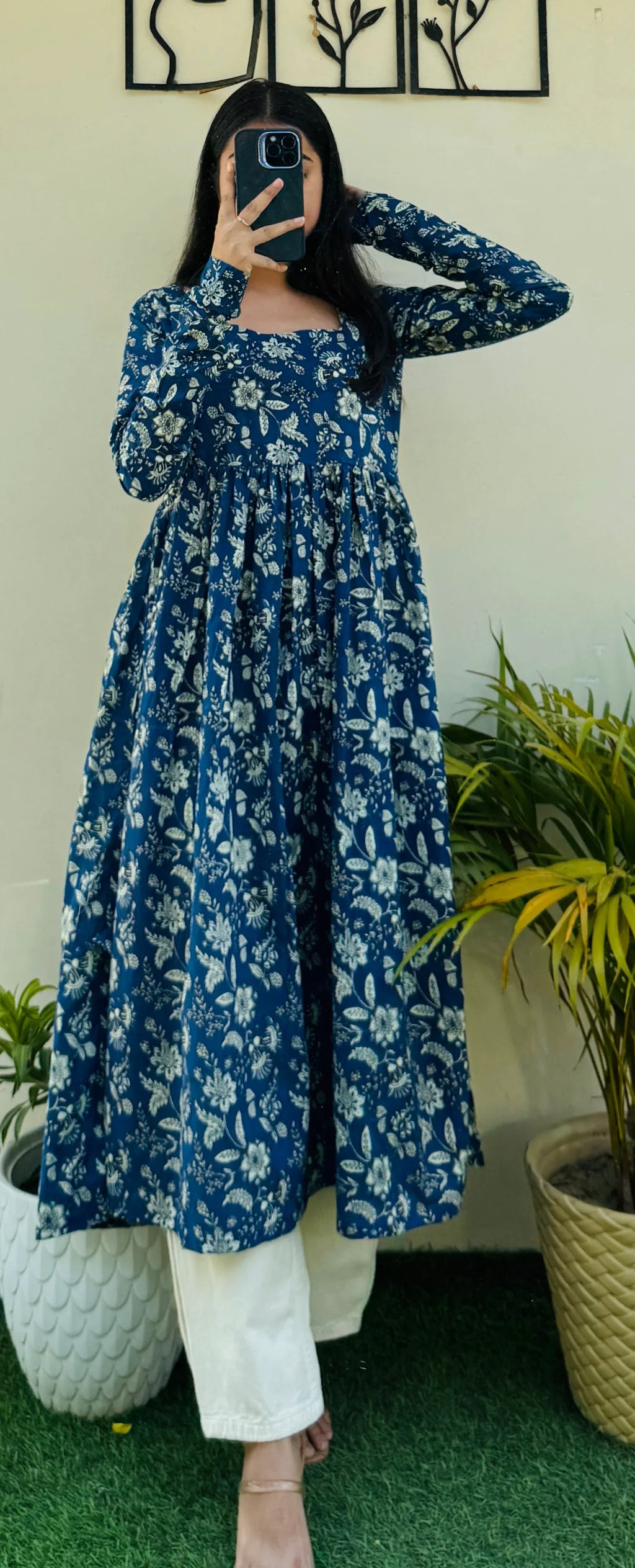 Cotton Full Sleeve Blue Nyra Cut Long Kurti - Dolled Up