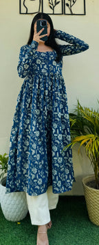 Cotton Full Sleeve Blue Nyra Cut Long Kurti - Dolled Up