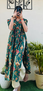 Cotton Printed Green Puff Sleeves Nyra Cut Long Kurti - Dolled Up