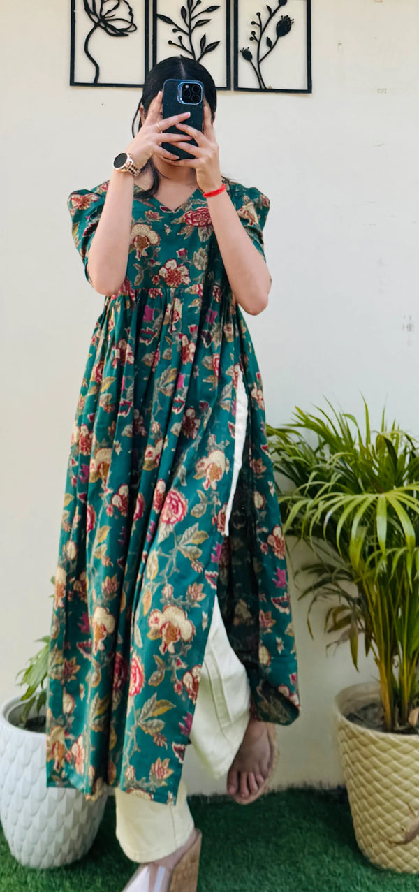 Cotton Printed Green Puff Sleeves Nyra Cut Long Kurti - Dolled Up