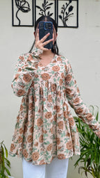 Cotton Flared Beige Aliacut Floral Print Peplum Top - Dolled Up