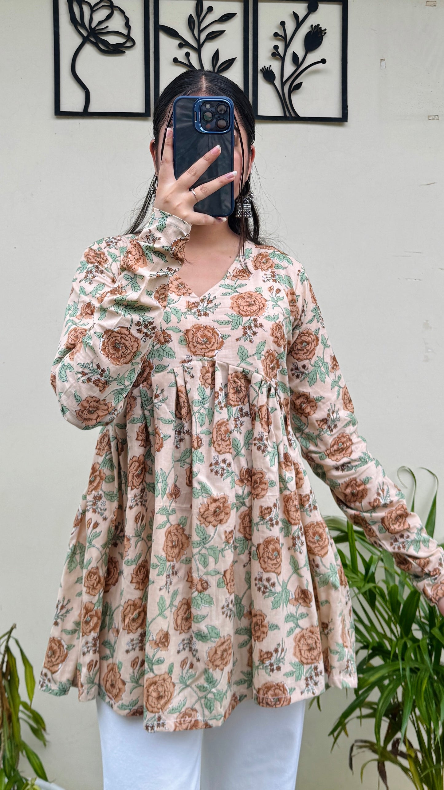 Cotton Flared Beige Aliacut Floral Print Peplum Top