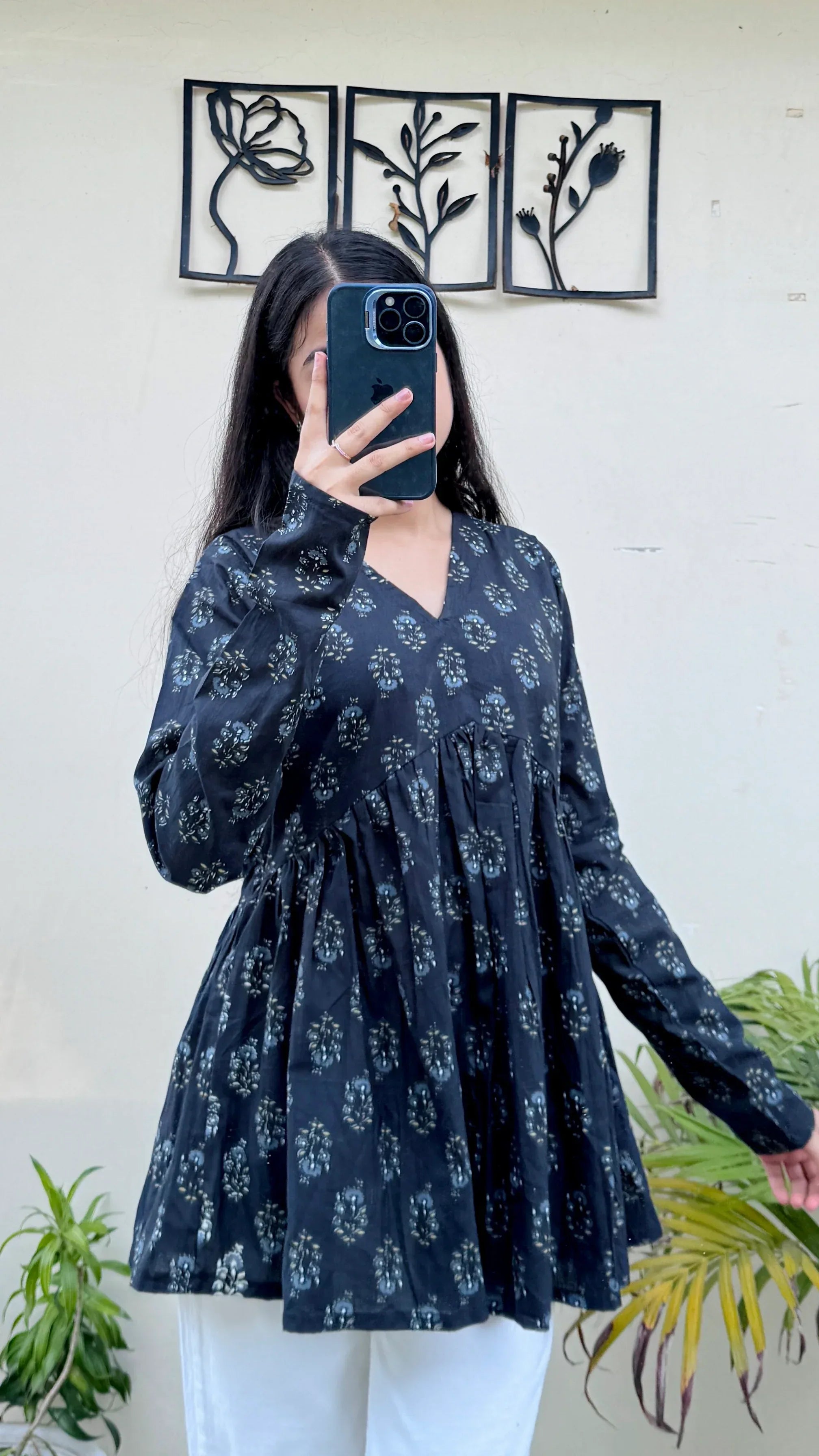 Cotton Black Flared Printed Aliacut Peplum Top - Dolled Up