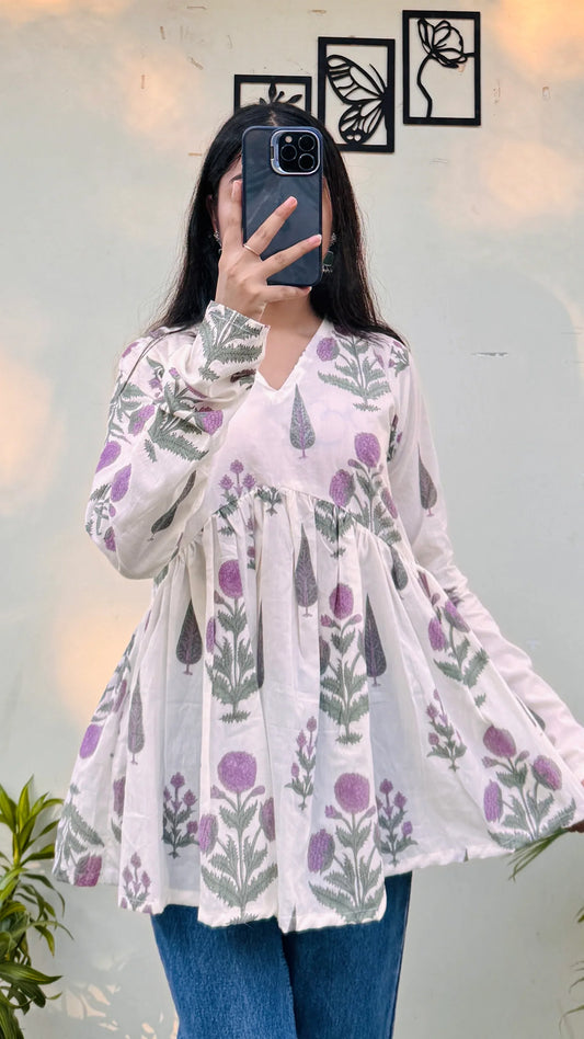 Cotton White Flared Printed Aliacut Peplum Top - Dolled Up