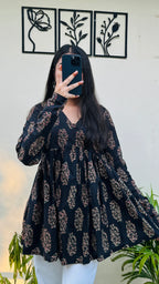 Cotton Flared Black Aliacut Ajrakh Print Peplum Top - Dolled Up