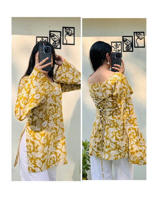 Cotton Katha Square Neck Corset Back Short Kurti