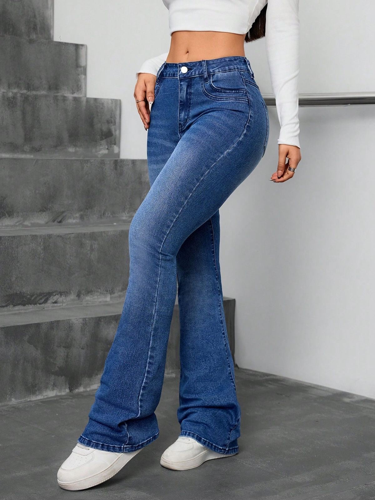 High Waisted Stone Blue Bootcut Flared Jeans