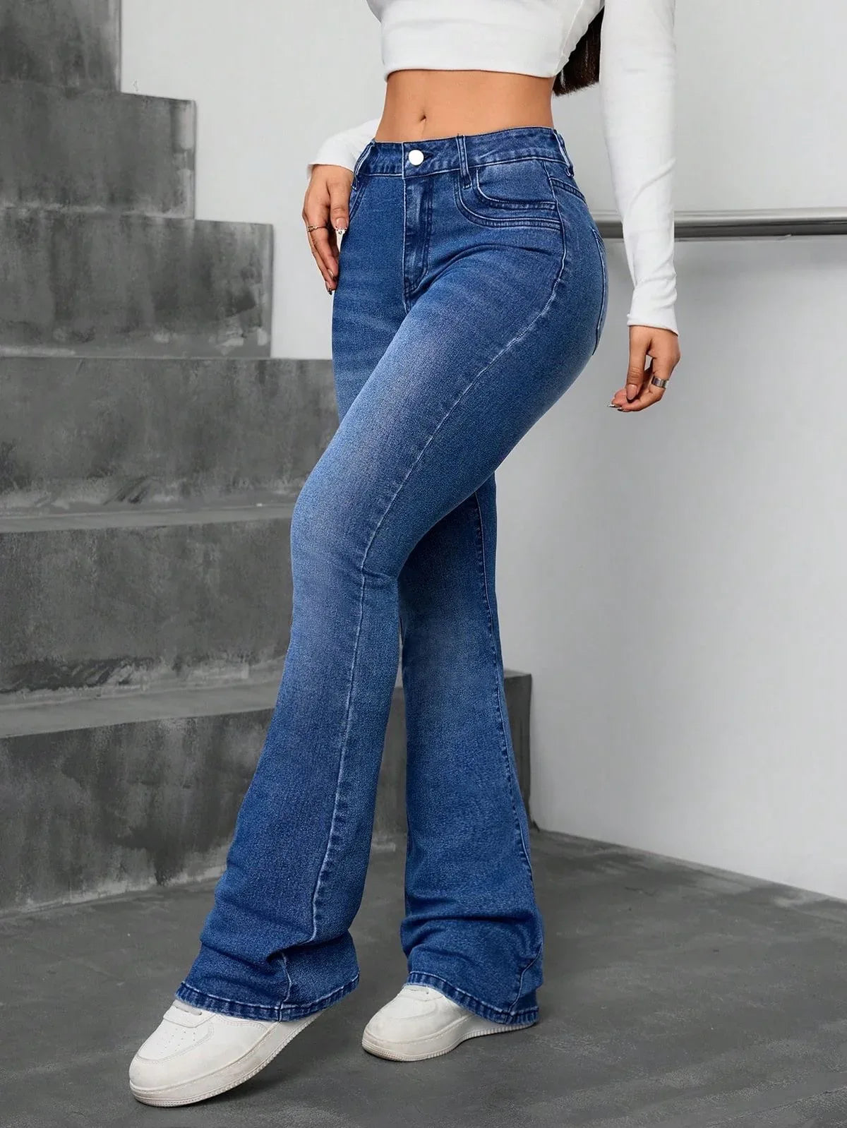 High Waisted Stone Blue Bootcut Flared Jeans - Dolled Up