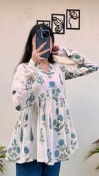 Cotton White Flared Printed Aliacut Peplum Top - Dolled Up