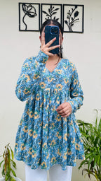 Cotton Flared Sky Blue Aliacut Floral Print Peplum Top - Dolled Up