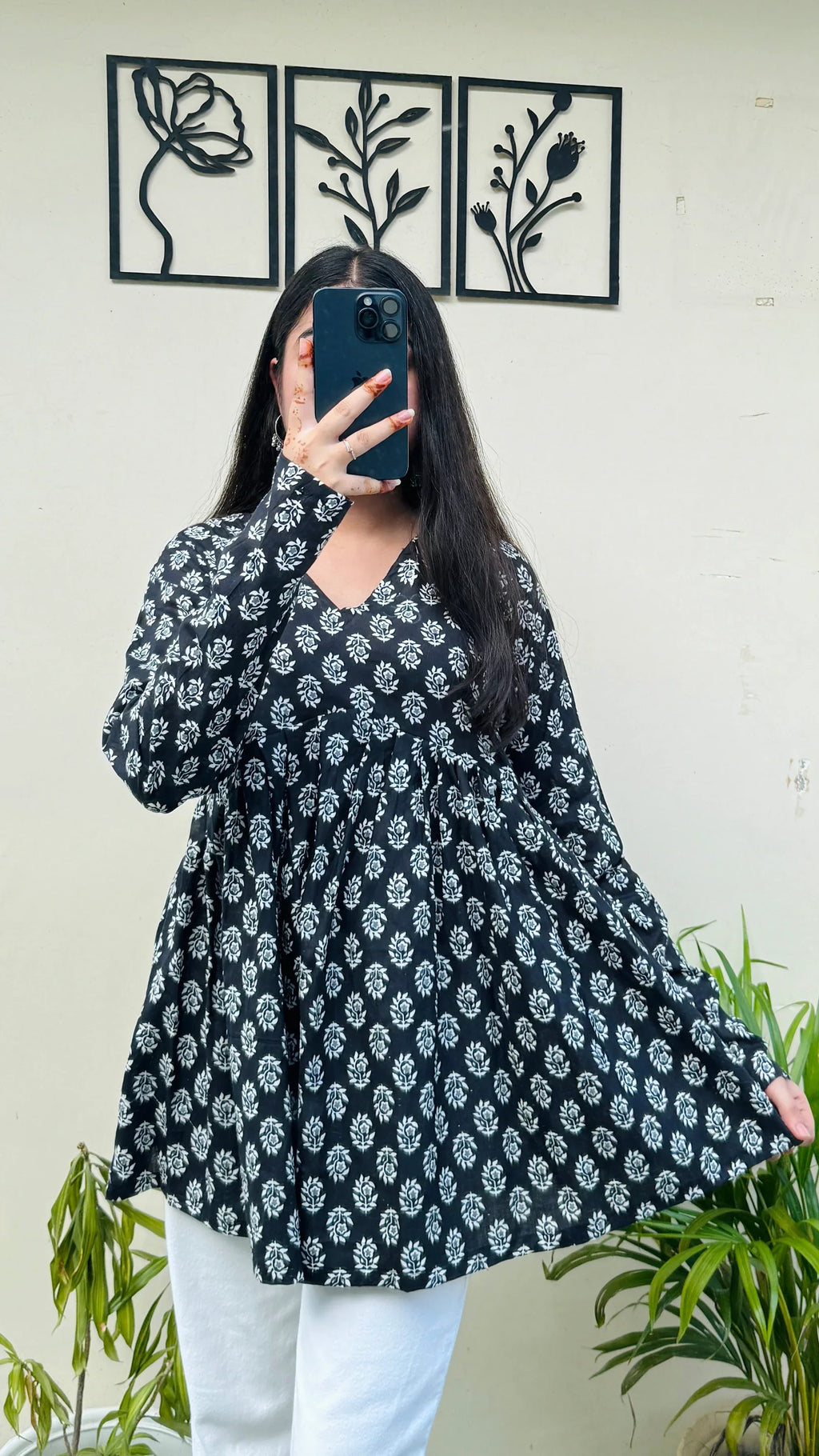 Cotton Black Flared Printed Aliacut Peplum Top - Dolled Up