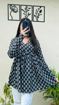 Cotton Black Flared Printed Aliacut Peplum Top - Dolled Up
