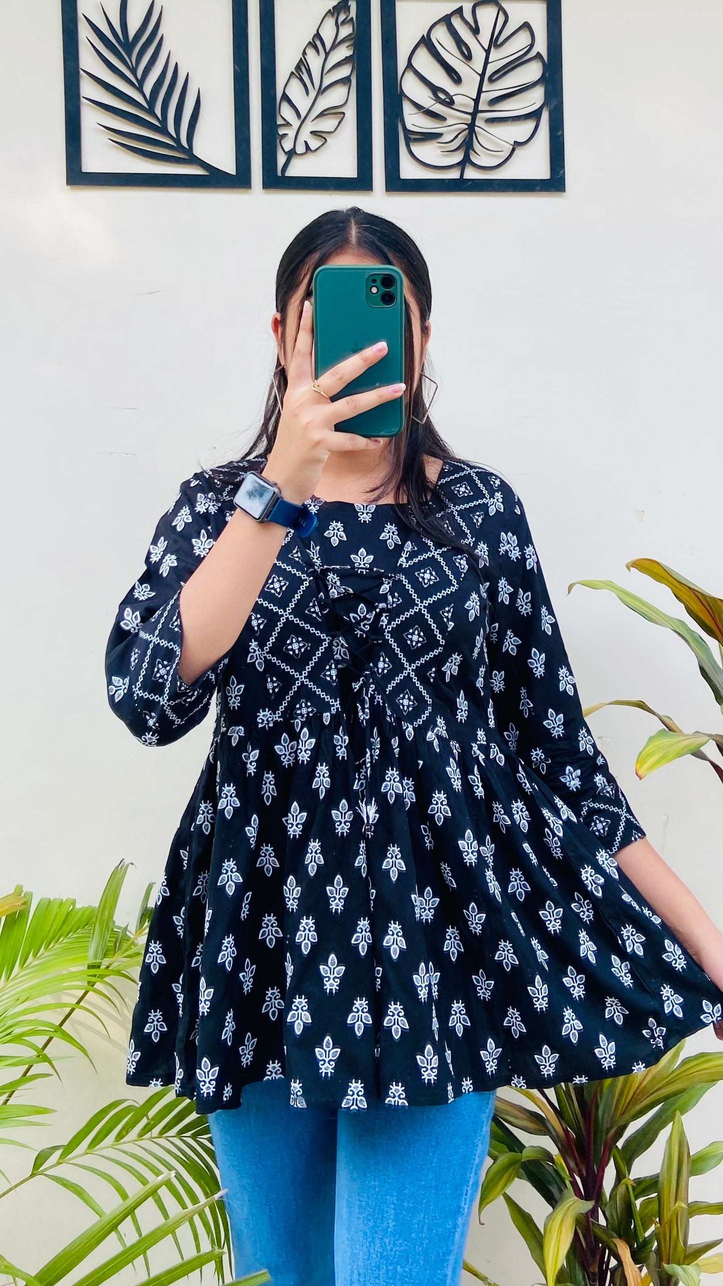 Black Printed Rayon Short Top