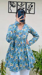 Cotton Skyblue Flared Floral Print Aliacut Peplum Top - Dolled Up