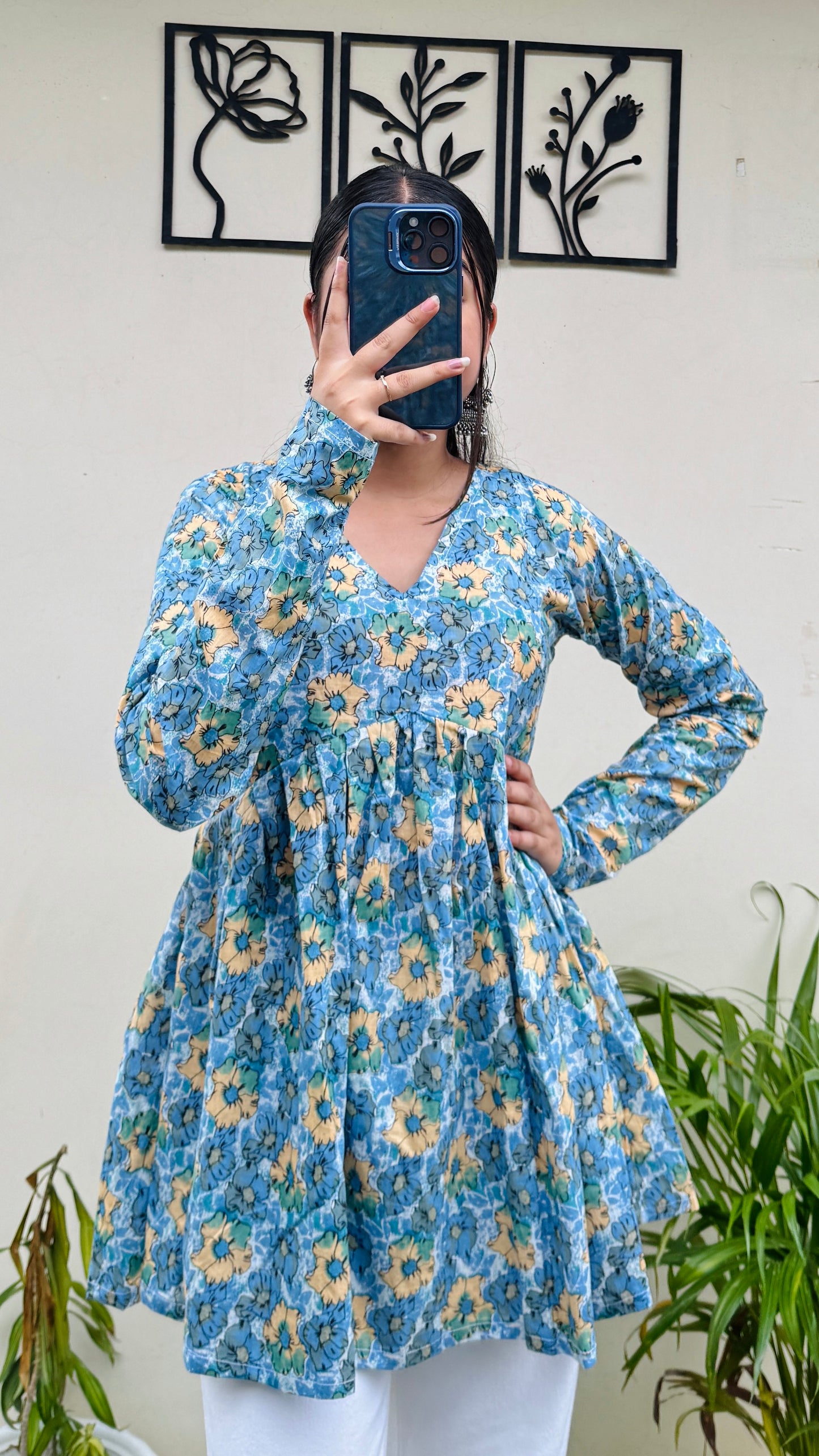 Cotton Skyblue Flared Floral Print Aliacut Peplum Top