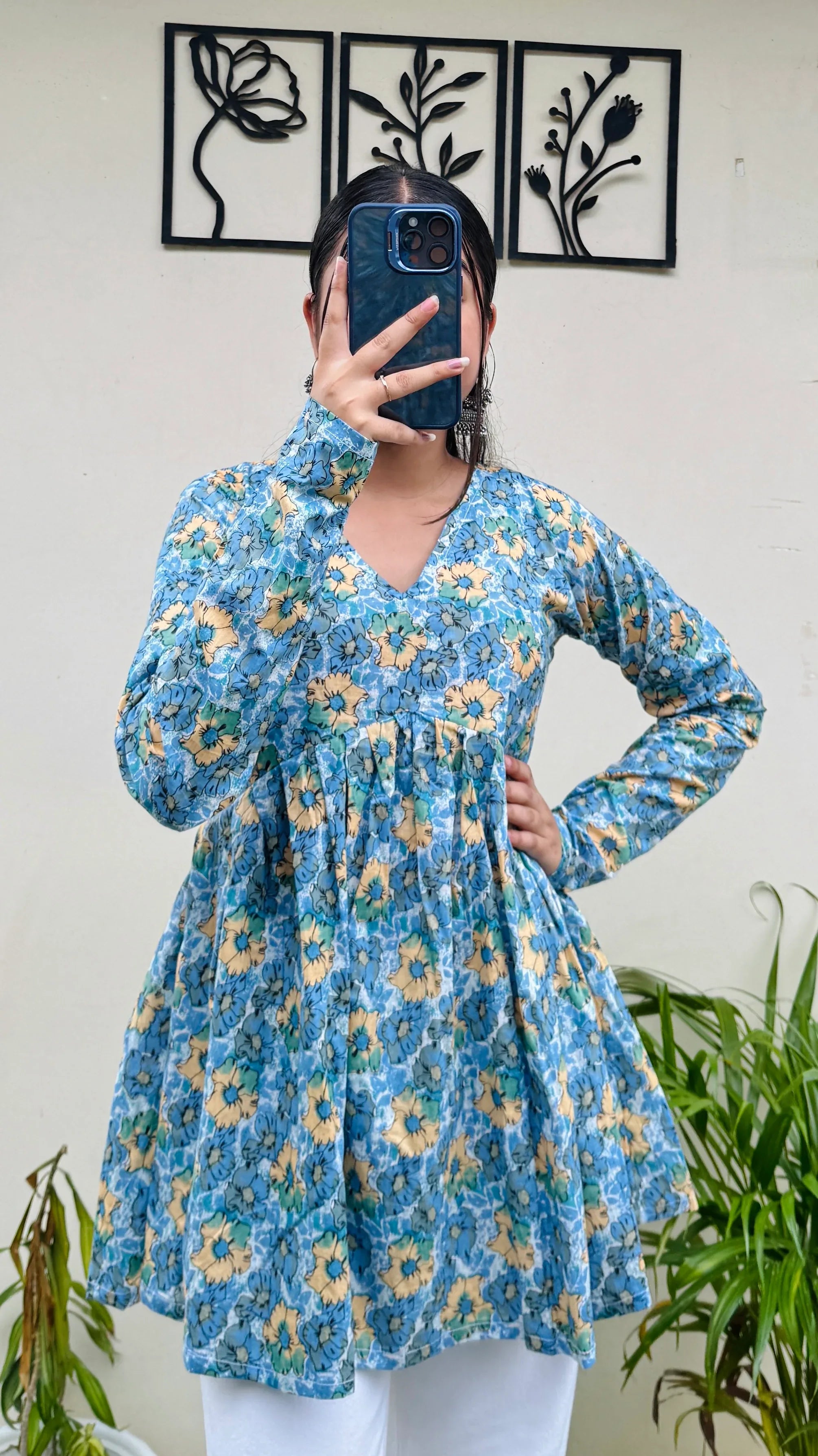 Cotton Skyblue Flared Floral Print Aliacut Peplum Top - Dolled Up