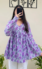 Cotton Lavender Flared Floral Print Aliacut Peplum Top - Dolled Up