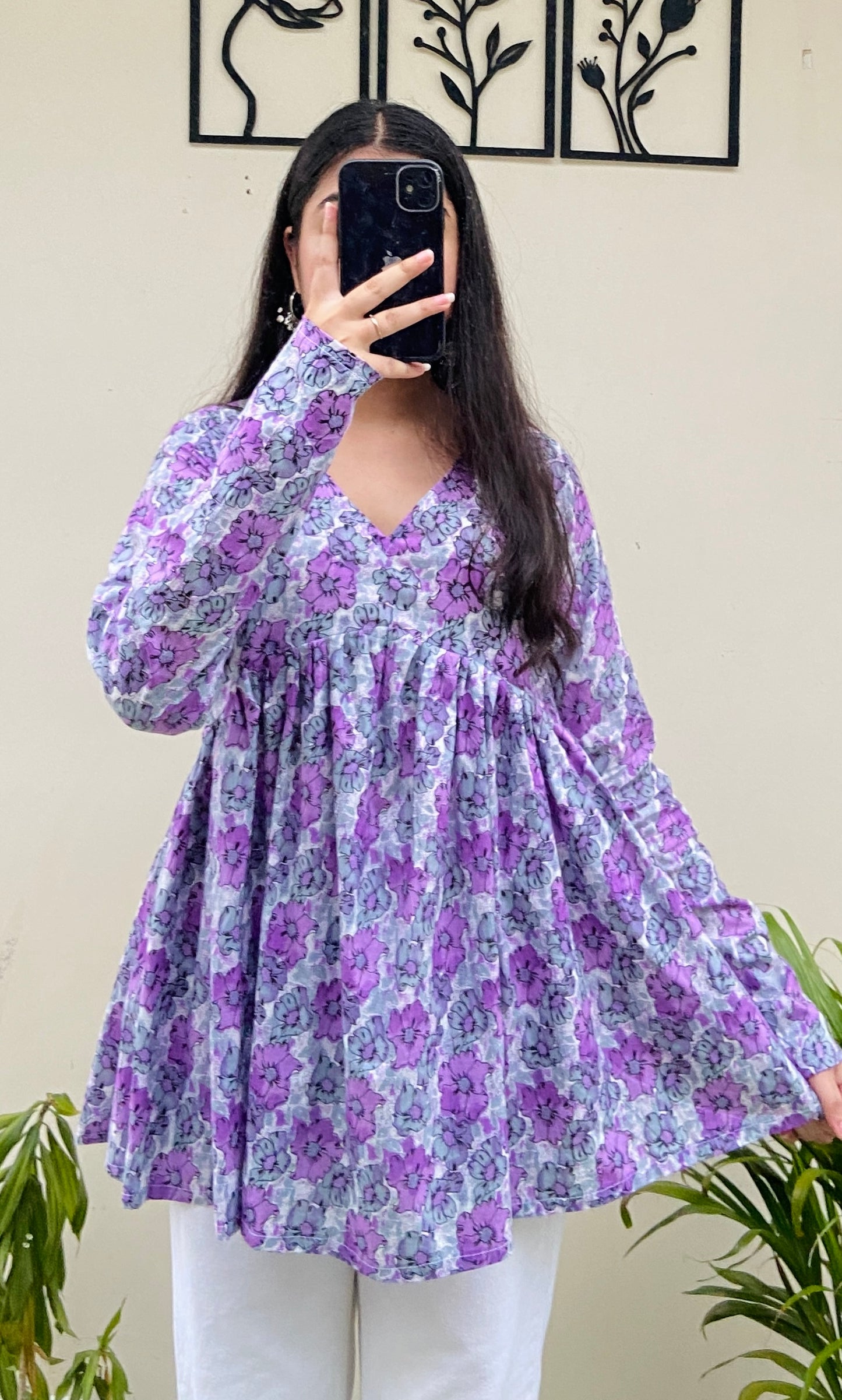 Cotton Lavender Flared Floral Print Aliacut Peplum Top