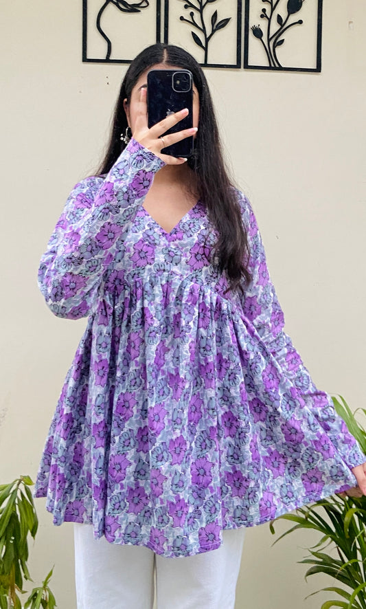 Cotton Lavender Flared Floral Print Aliacut Peplum Top