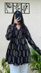 Cotton Flared Black Aliacut Ajrakh Print Peplum Top - Dolled Up