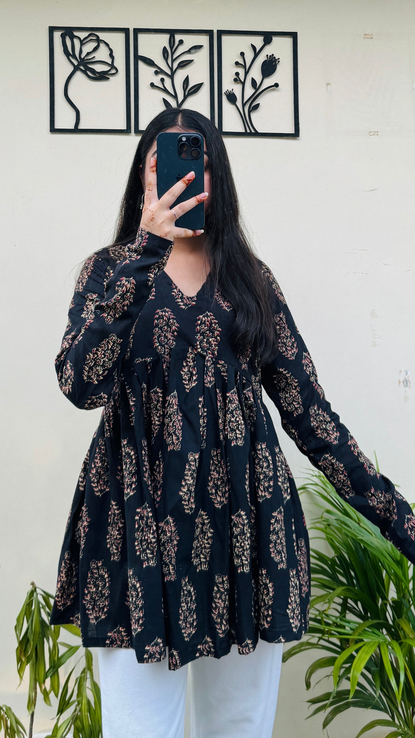 Cotton Flared Black Aliacut Ajrakh Print Peplum Top