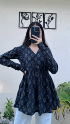 Cotton Black Flared Printed Aliacut Peplum Top - Dolled Up
