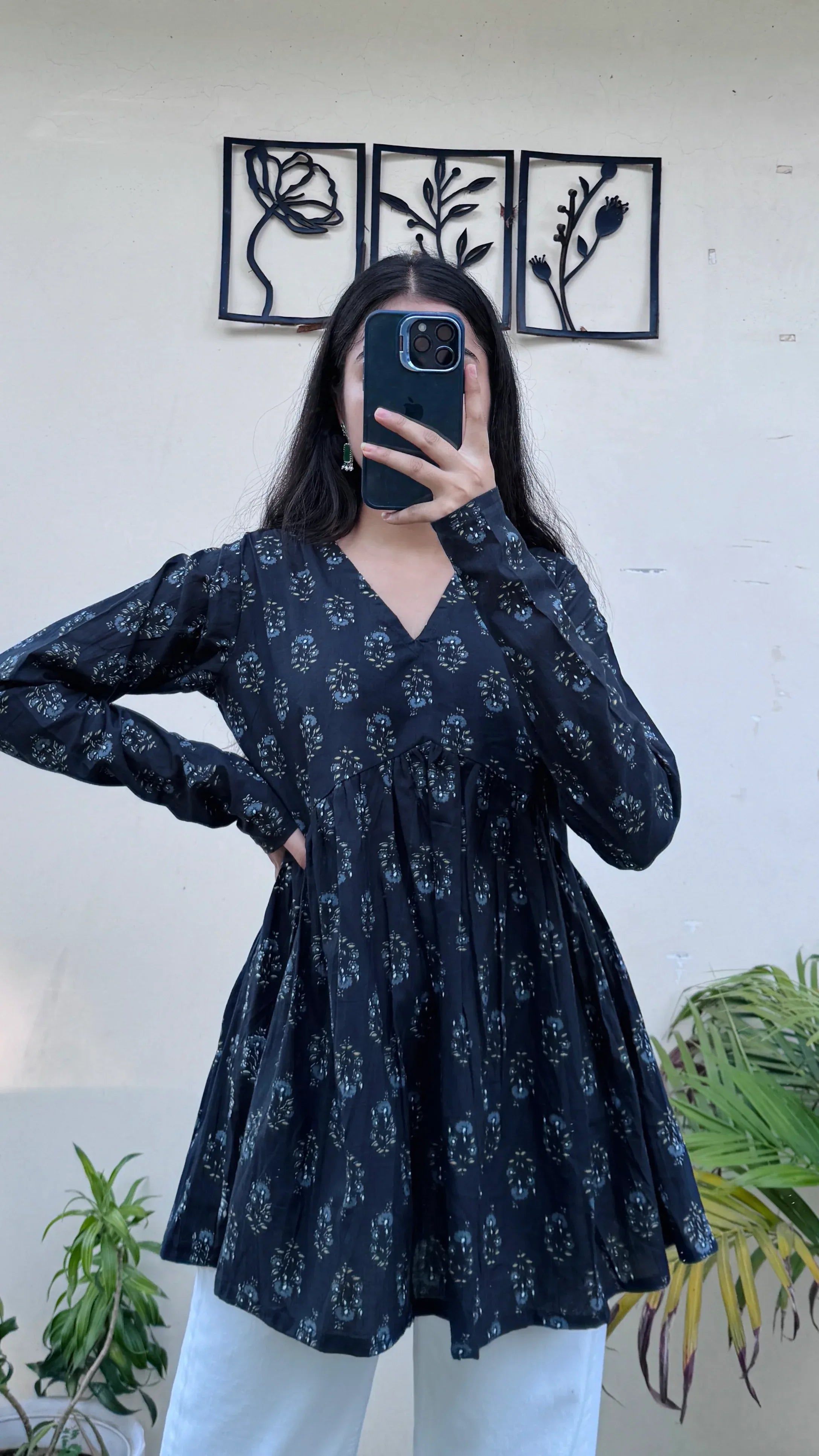 Cotton Black Flared Printed Aliacut Peplum Top - Dolled Up